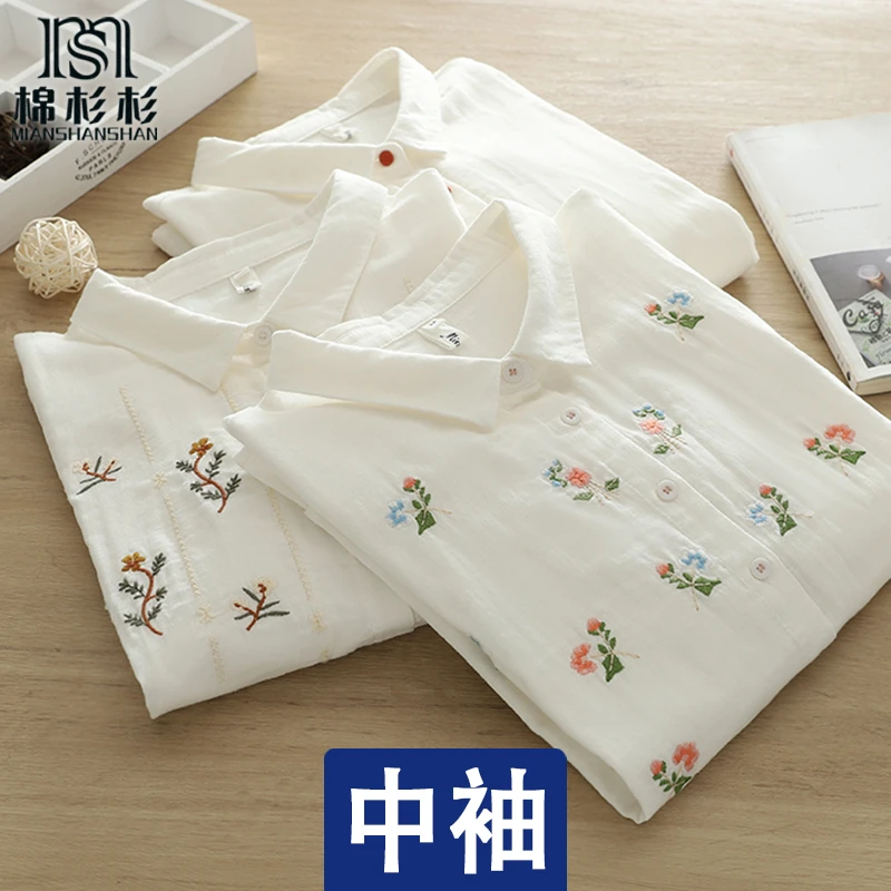 中袖衬衫女 双层棉纱纯棉亲肤柔软五分袖 夏季薄款小清新刺绣