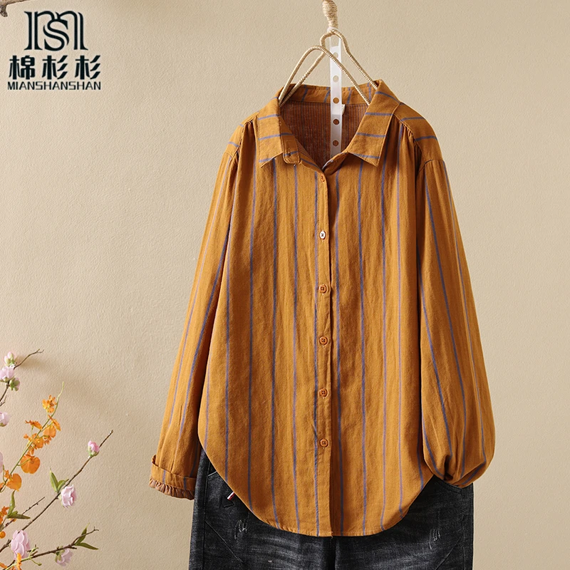 大宽条条纹衬衫女秋季新款色织双层棉纱纯棉气质加棉尖领宽松洋气