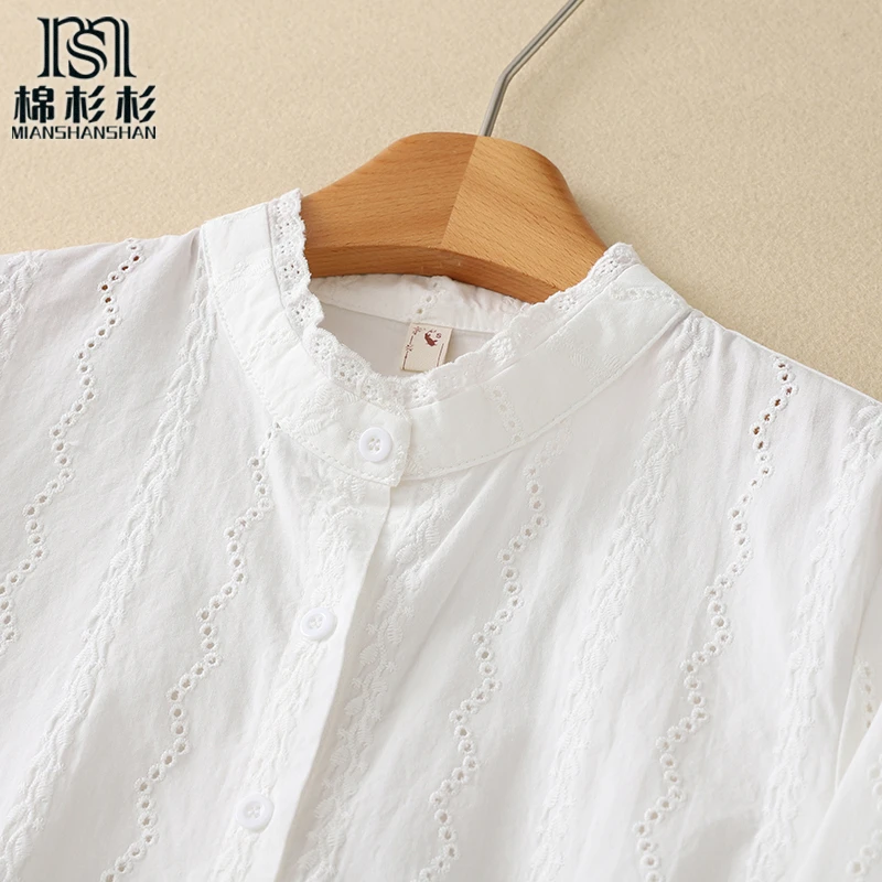 纯棉秋冬衬衫女立领绣花花边宽松显瘦名族勾花工艺蕾丝春秋衬衣