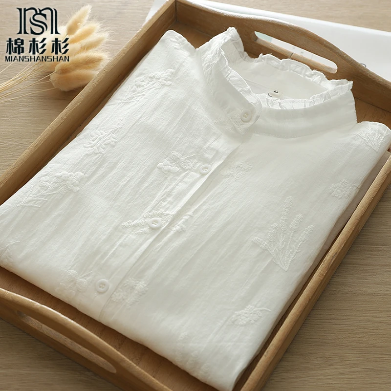 大麦重工刺绣纯棉衬衫女 木耳花边领花边袖口 淑女法式长袖衬衣女