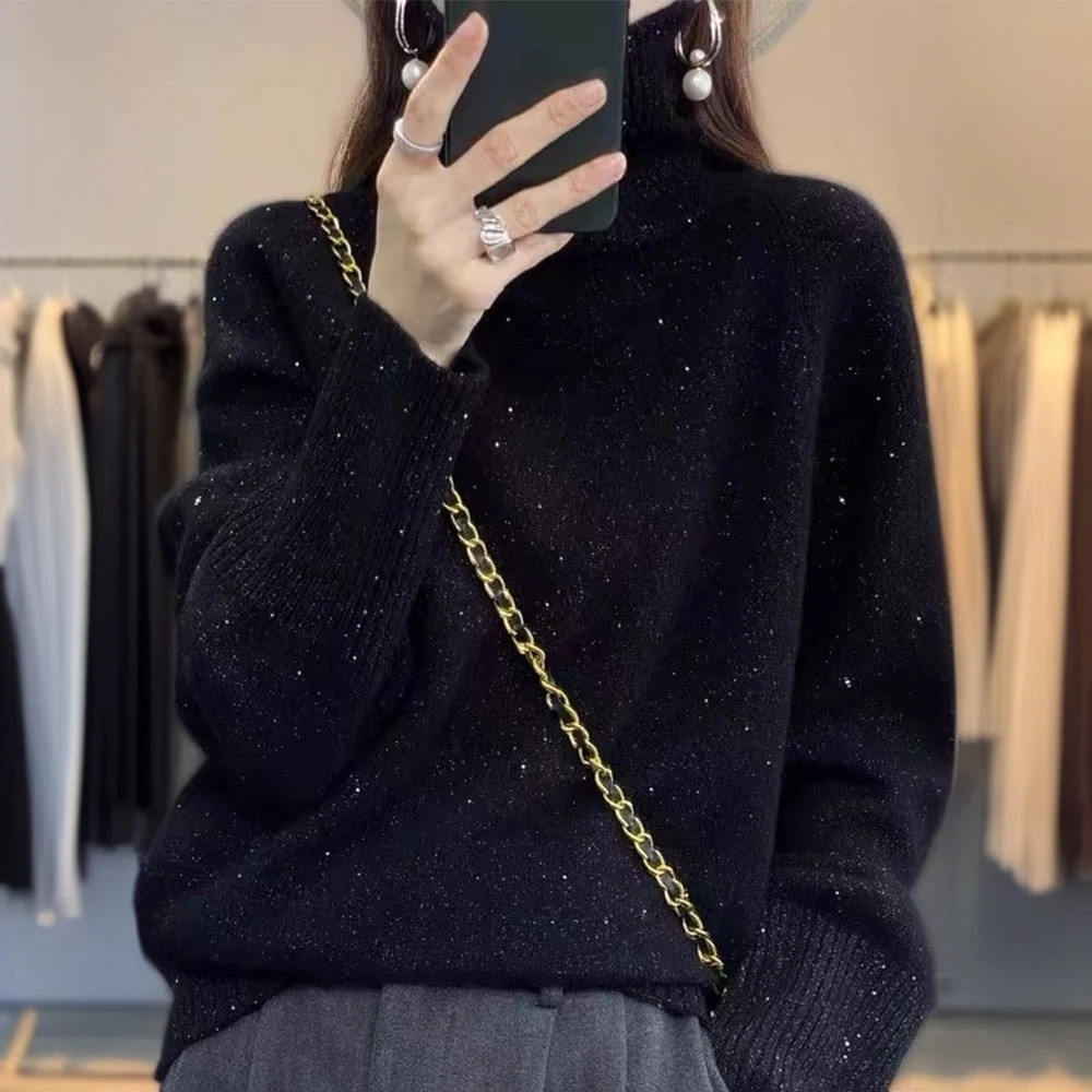 冬季高翻领~女士彩点翻领羊毛衫长袖时尚宽松半高领纯色圆领秋冬