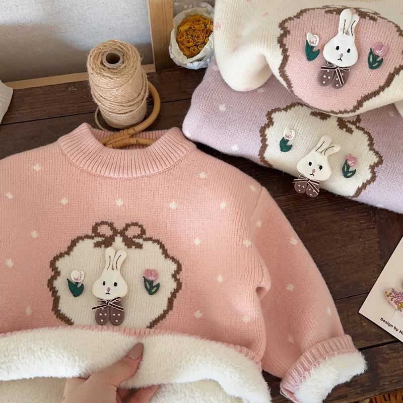 女童一体绒毛衣冬款2024新款儿童冬季圆领打底衫女孩加厚保暖冬装