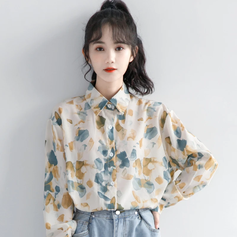 <红姐专属>春季新款港风雪纺长袖花衬衫薄款女秋小众衬衣宽松上衣