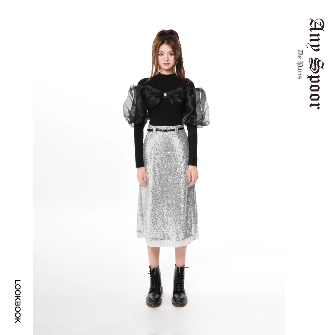 【老板娘夏天】提花印花秋季黑色秋冬宽松女士复古亮片半裙73CA36