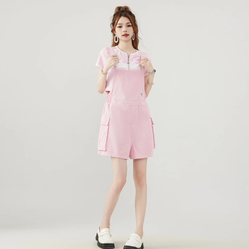 【老板娘夏天】直筒宽松韩版春夏设计感薄款显瘦阔腿粉背带裤73BA62