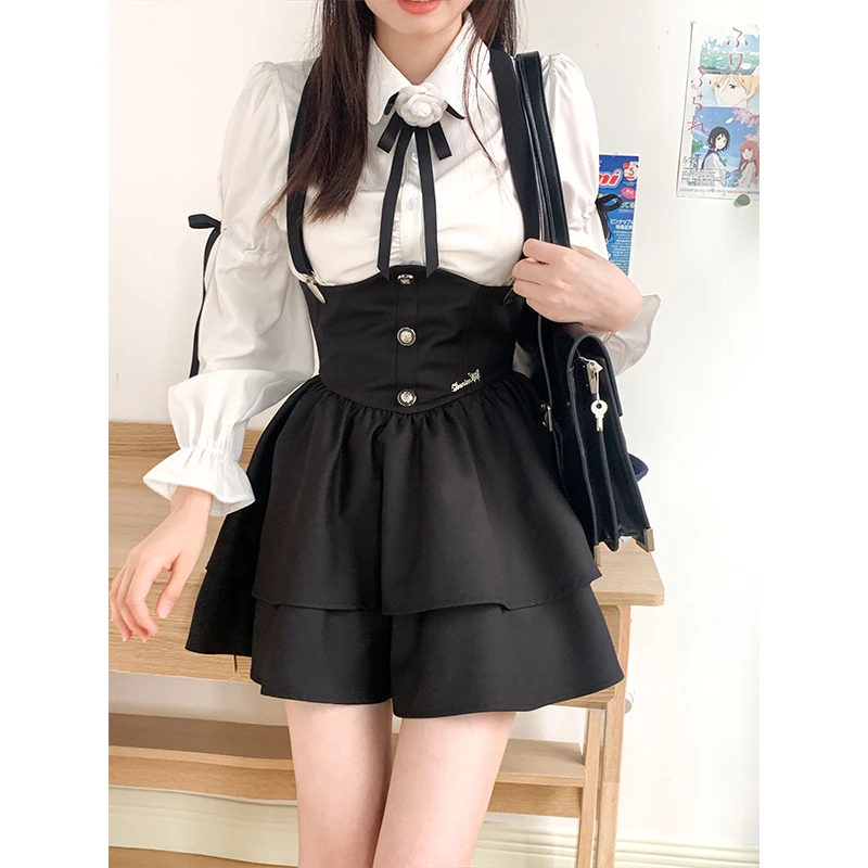啦啦酱JK 星银月落韩式学院风JK裙收腰显瘦黑色背带裙套装女