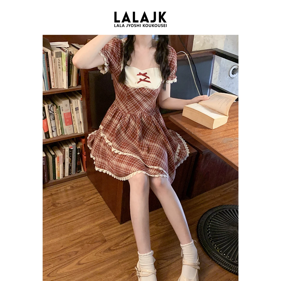 啦啦酱JK 慕斯草莓夏季复古红格少女裙子不规则下摆甜美连衣裙