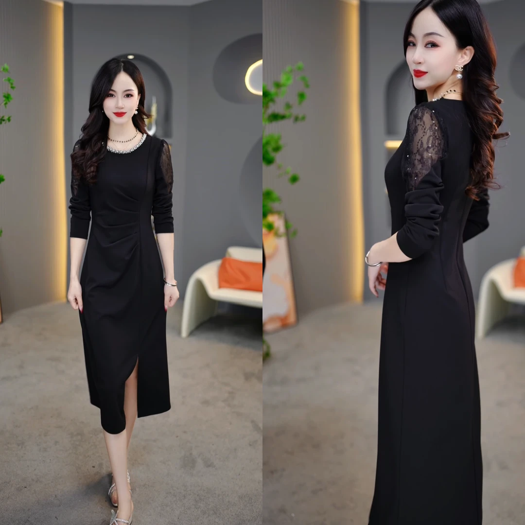 2025春季显瘦开叉气质收腰长袖时尚女士黑色修身女装连衣裙M-4XL