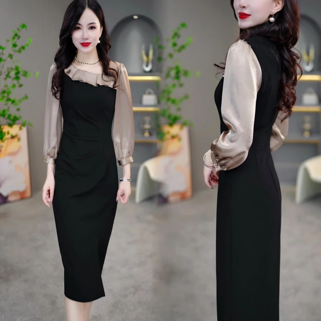 2025春季新款气质褶皱设计时尚拼接减龄收腰显瘦女装连衣裙M-4XL