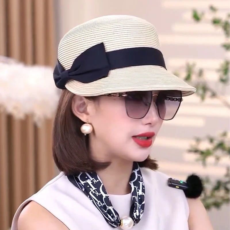 夏季新款日系大蝴蝶结草编马术帽女复古百搭鸭舌帽出游防晒遮阳潮
