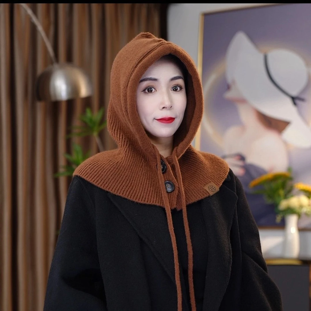 红色针织克拉克拉法帽带纽扣女秋冬季韩版保暖护耳包头帽洛洛同款