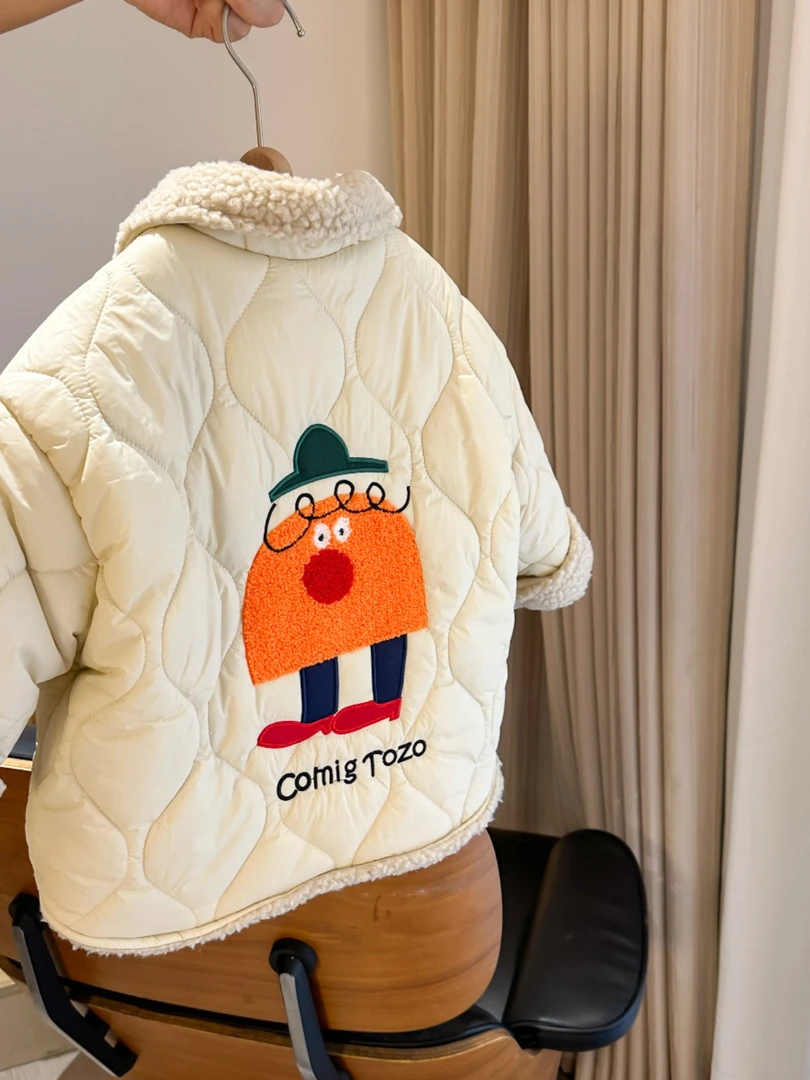 男女童可爱卡通刺绣夹棉外套宝宝韩版加厚保暖棉衣翻领棉袄冬装