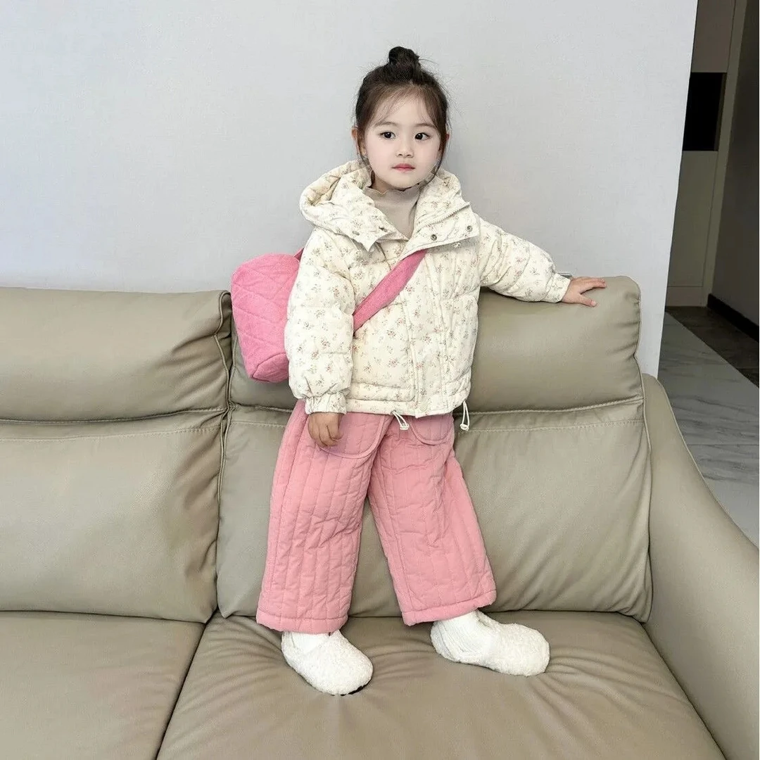 女童冬装外套保暖小棉衣粉色棉裤套装女宝宝碎花棉衣棉布裤两件套