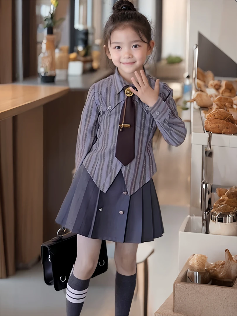 女童学院风套装2024春秋新款条纹衬衫百褶裙JK两件套韩系洋气公主