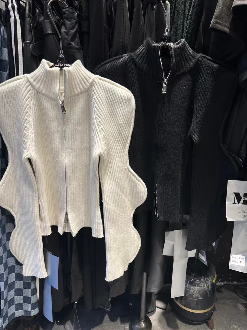 高级品质小众设计波浪轮廓感针织衫水波纹拉链开衫修身立领毛衣潮