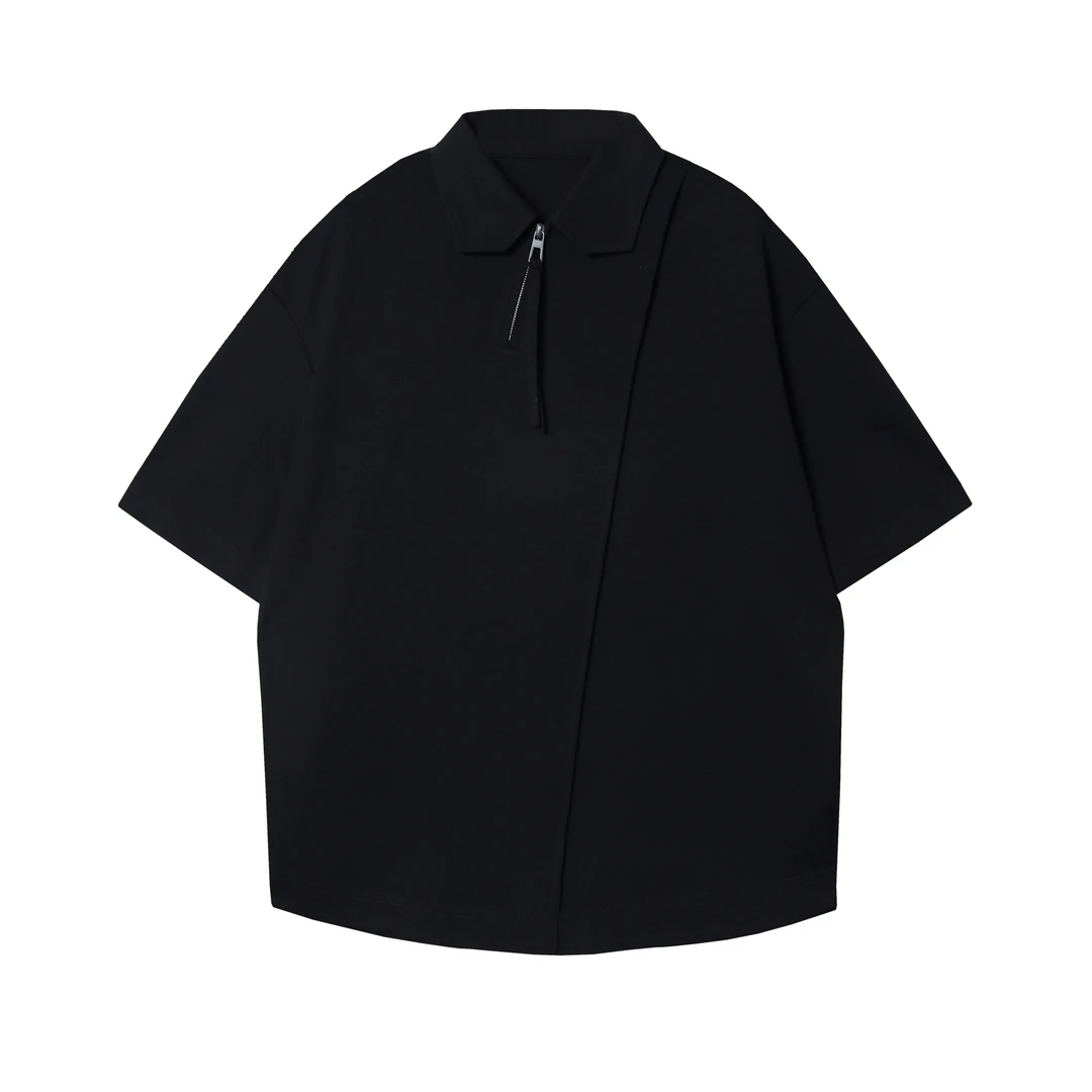 WZ40夏季新款翻领纯色短袖金属拉链飘绳设计休闲宽松百搭上衣
