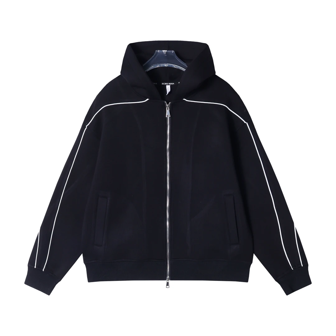 秋冬季新款时尚个性拼色牙条连帽拉链卫衣外套百搭宽松长袖