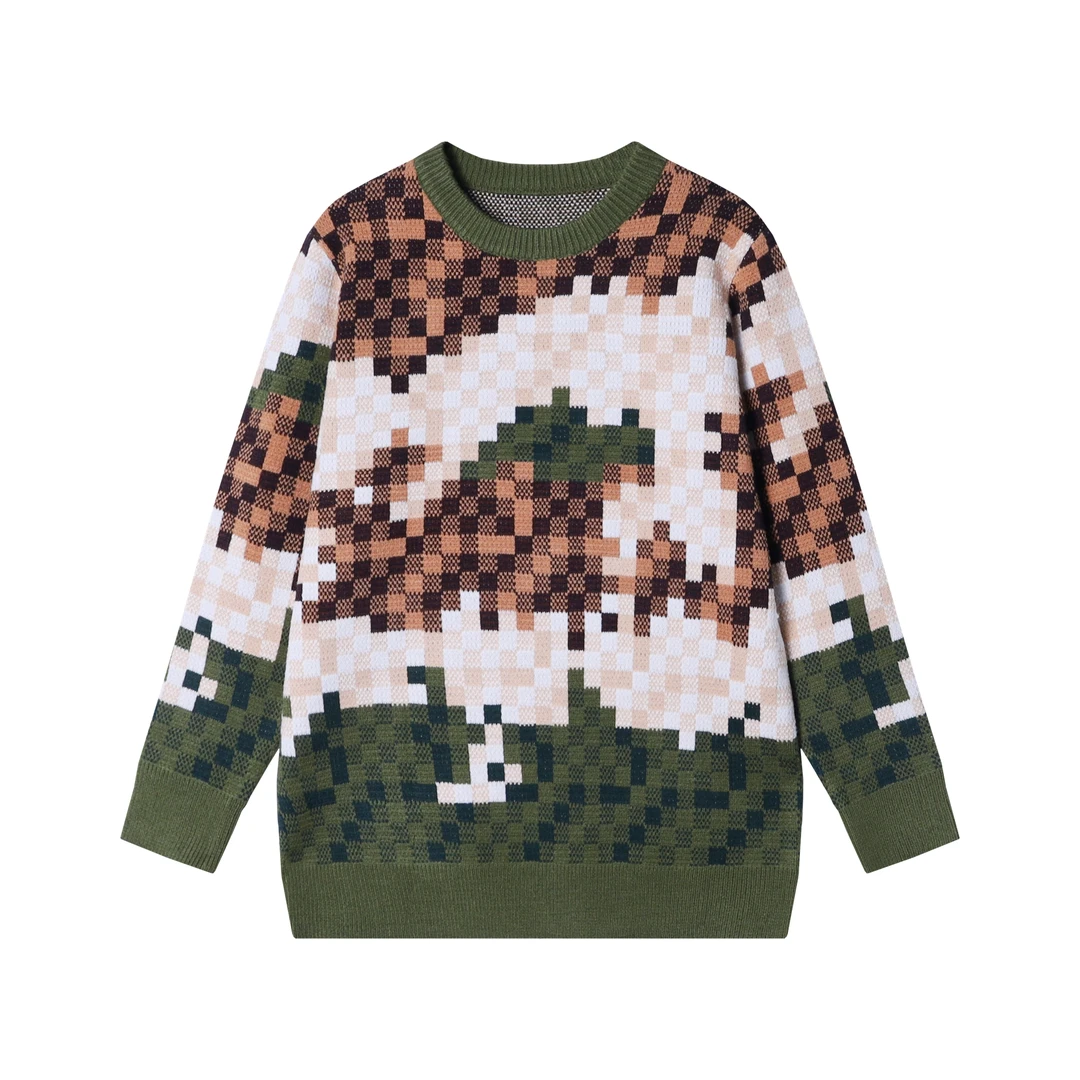秋冬新款迷彩棋盘格提花宽松休闲户外时尚圆领长袖针织衫