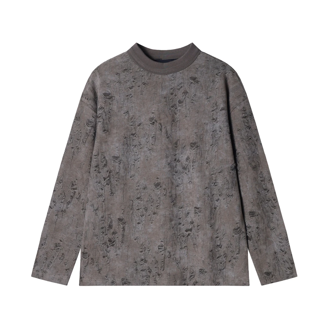 T1763秋季新款美式个性渐变磨破设计圆领长袖休闲百搭设计师上衣