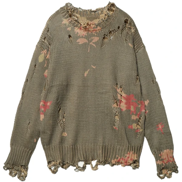 新款泼墨感印花磨破毛边设计轻奢针织衫男女秋季休闲宽松时尚长袖