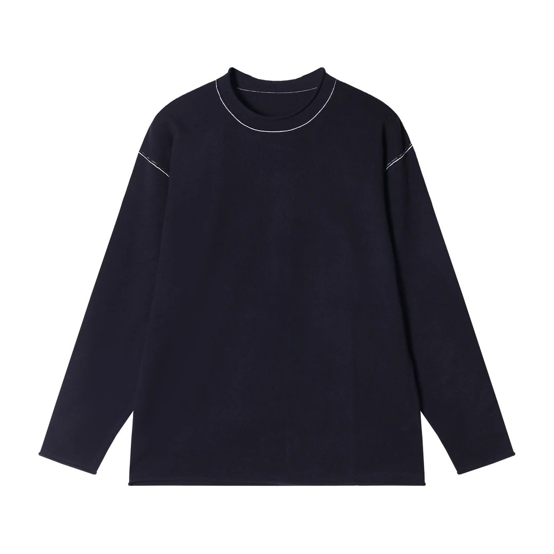 T1892秋季新款时尚个性撞色明线圆领长袖T恤简约宽松百搭上衣