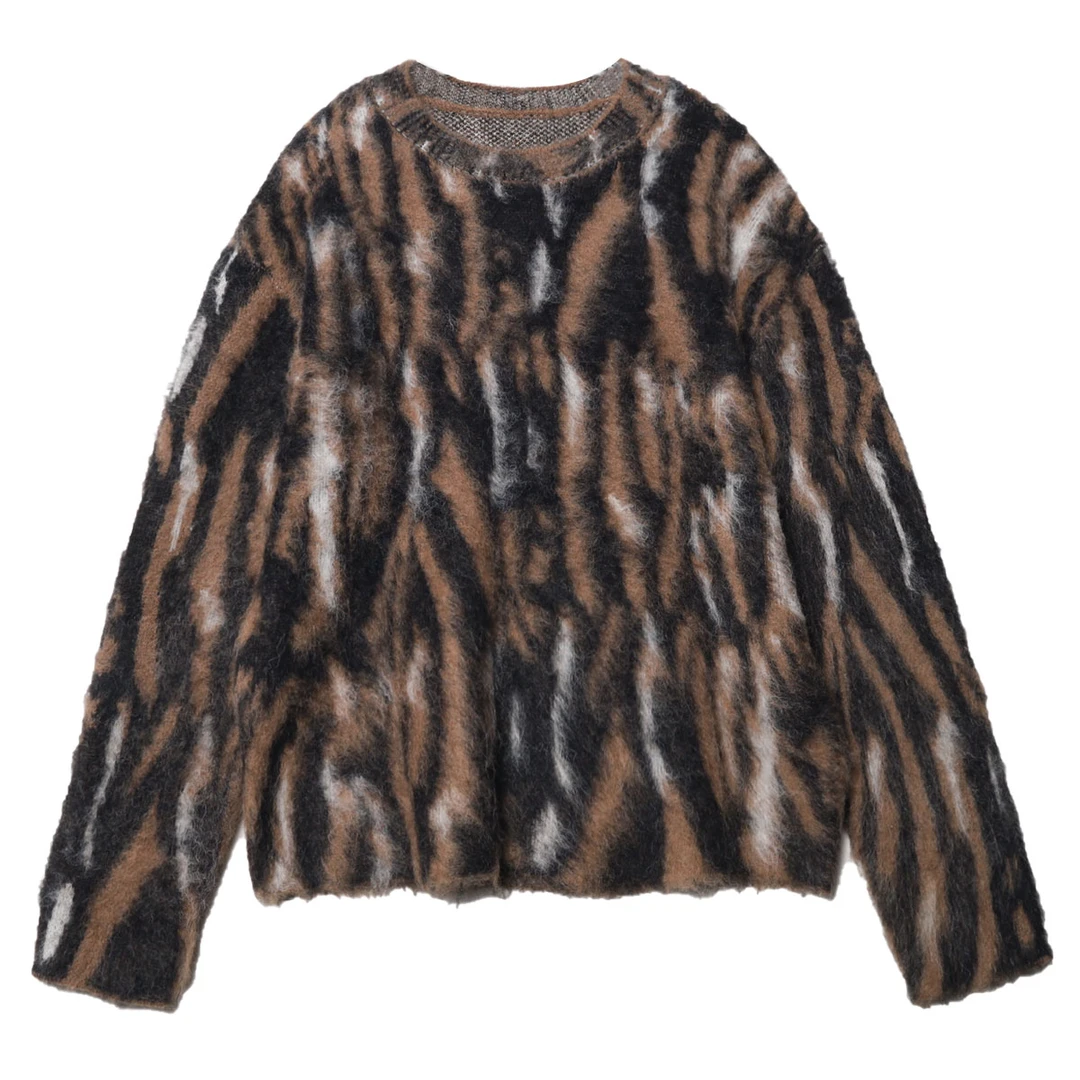 2023秋季新款复古潮流慵懒风宽松圆领雪虎纹松棕长袖毛衣男秋冬