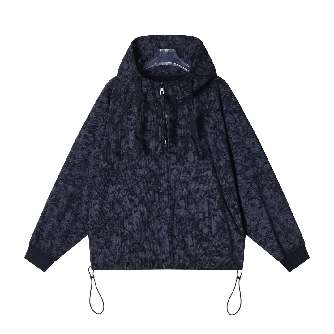 55139秋冬新款复古重工水洗几何图案潮流宽松连帽情侣休闲长袖