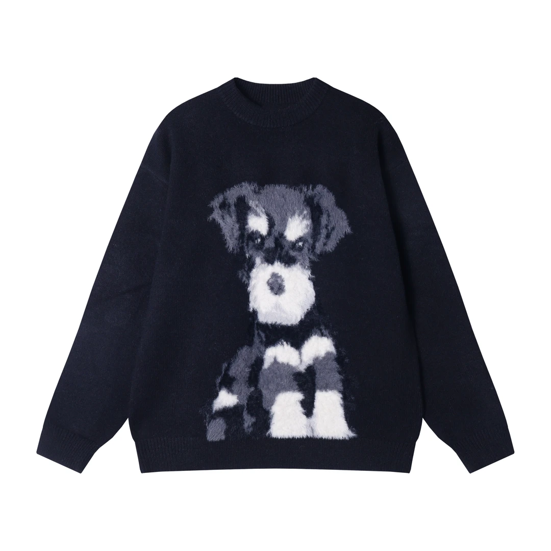 秋冬季新款时尚个性韩版卡通小狗圆领针织毛衣百搭情侣宽松上衣