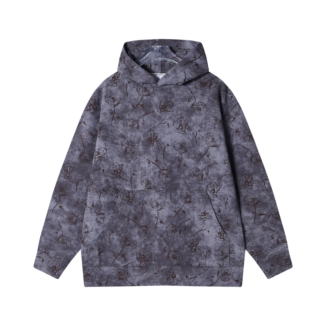 WY319秋冬季美式街头扎染玫瑰花印花连帽卫衣时尚宽松长袖上衣