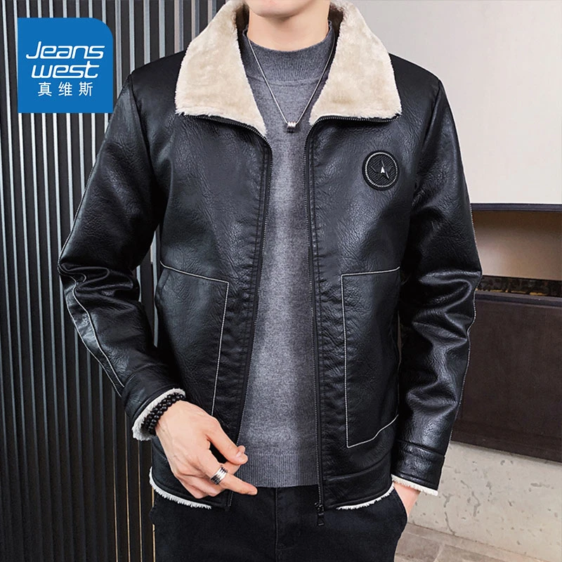 真维斯冬季加绒加厚皮衣男2023新款保暖防寒夹克外套男装潮牌上衣