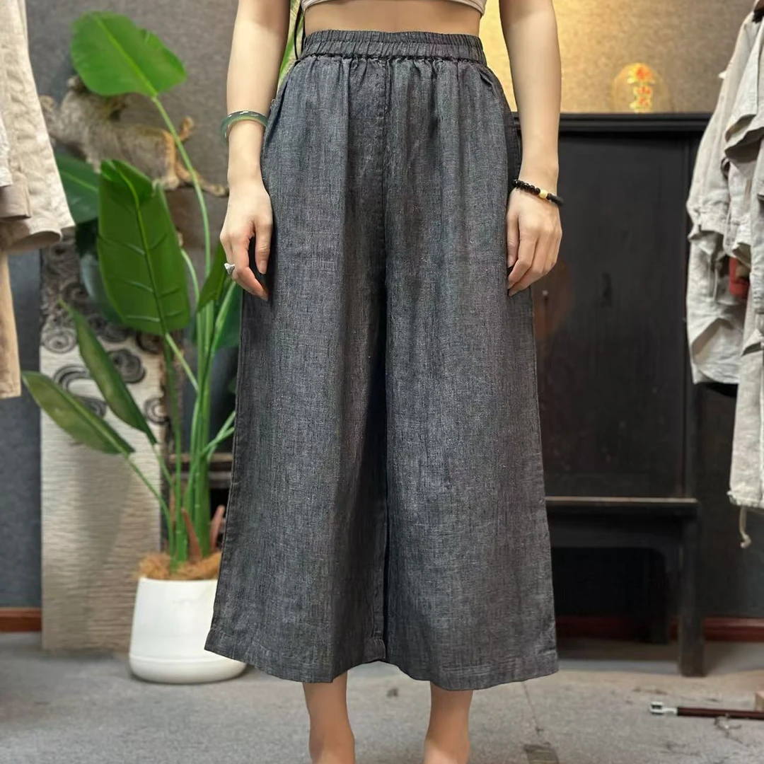 【色织汉麻】100%汉麻女士7分裤休闲阔腿裤面料超顺滑14织纱线7099