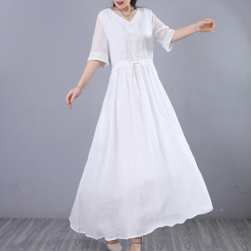 【白月光】原创纯苎麻v领清凉仙气气质文艺连衣裙女3266