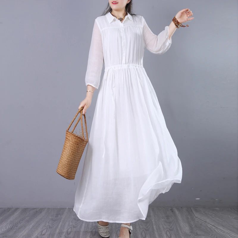 翻领气质文艺范夏季苎麻宽松清凉白色连衣裙纯色连衣裙女1166