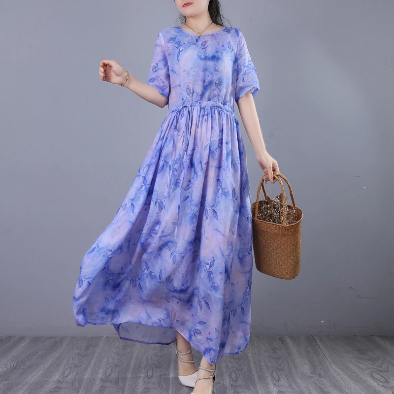 欧琪玲【紫幽兰】原创纯苎麻圆领文艺连衣裙女832