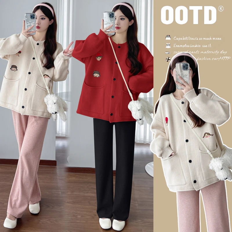 孕妇毛衣2024秋冬新款宽松百搭刺绣针织毛衣长袖开衫孕妇外套潮妈