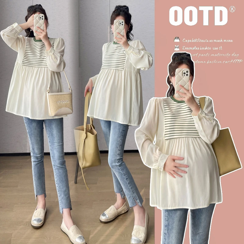 2024孕妇秋季新款韩版宽松条纹拼接假两件时尚减龄娃娃衫孕妇上衣
