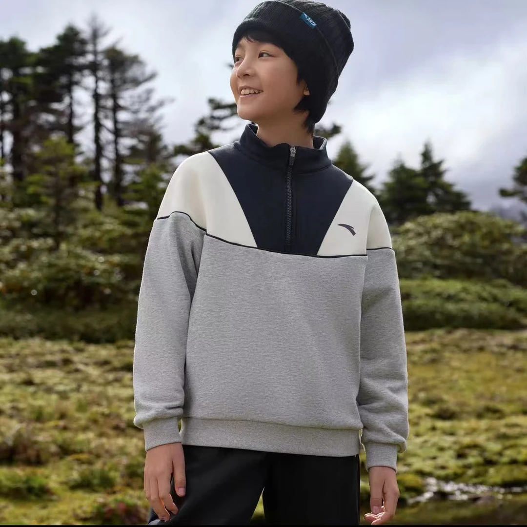 【加绒】安踏儿童男女大童套头衫2025冬季舒适保暖青少年防寒卫衣