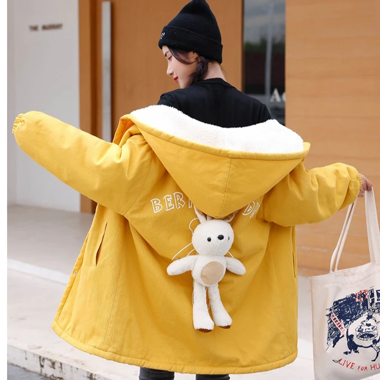 加绒加厚棉服少女中长款冬季可爱学院风初中高中生羊羔毛风衣外套