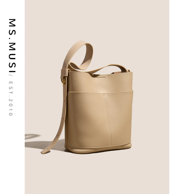 ms.musi2023年新款真皮小众设计桶包简约时尚单肩女士包包#6577L