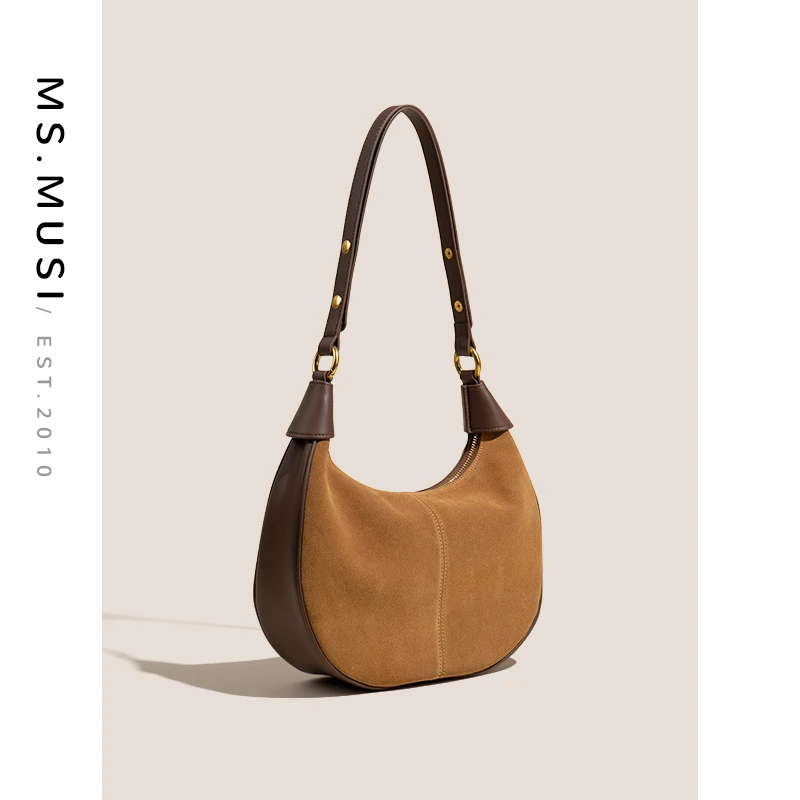 【ms.musi】2024新款磨砂牛皮月亮包腋下包单肩包时尚女士包包#7236