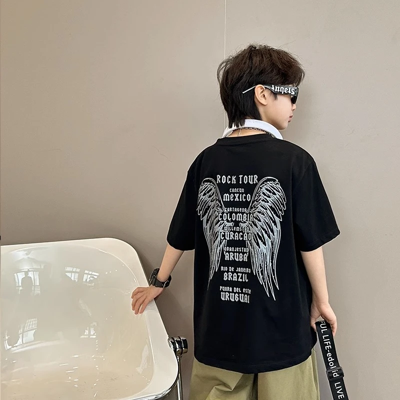 男童夏季短袖t恤纯棉2023新款大童夏装黑色半袖薄款儿童潮牌洋气
