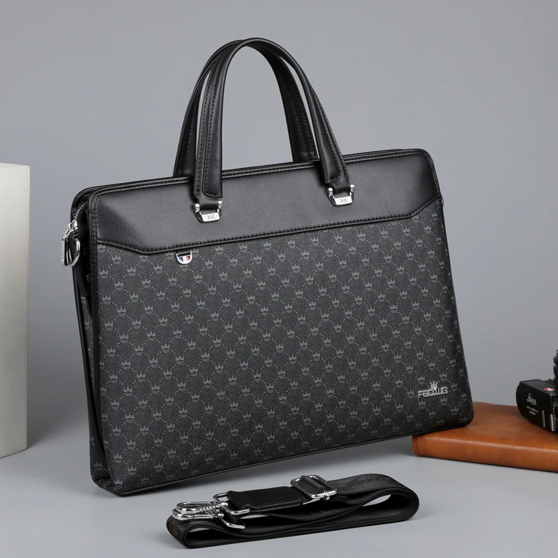 男士新款手提包大容量商务出行时尚简约单肩斜挎包格子男士公文包