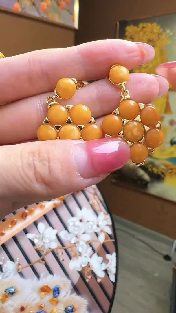 【闪购商品】琥珀耳饰银S925镀金镶嵌蜜蜡耳钉