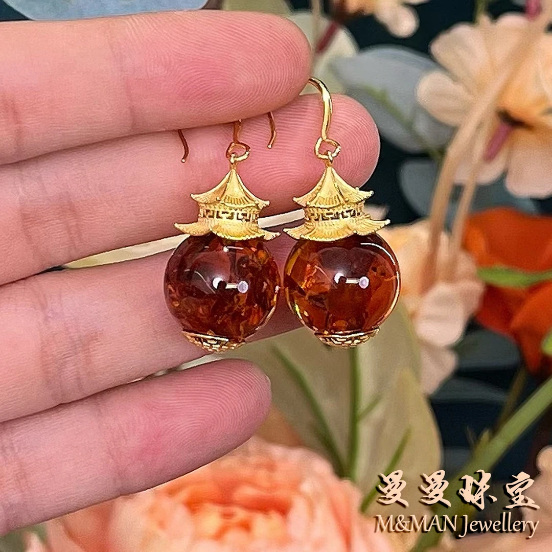 曼曼珠宝花珀宝塔耳钩