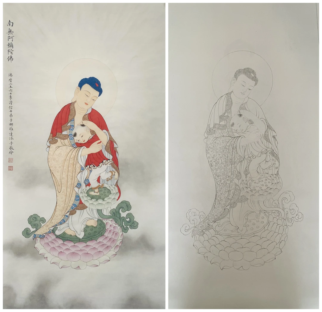 阿弥陀佛子归图白描底稿