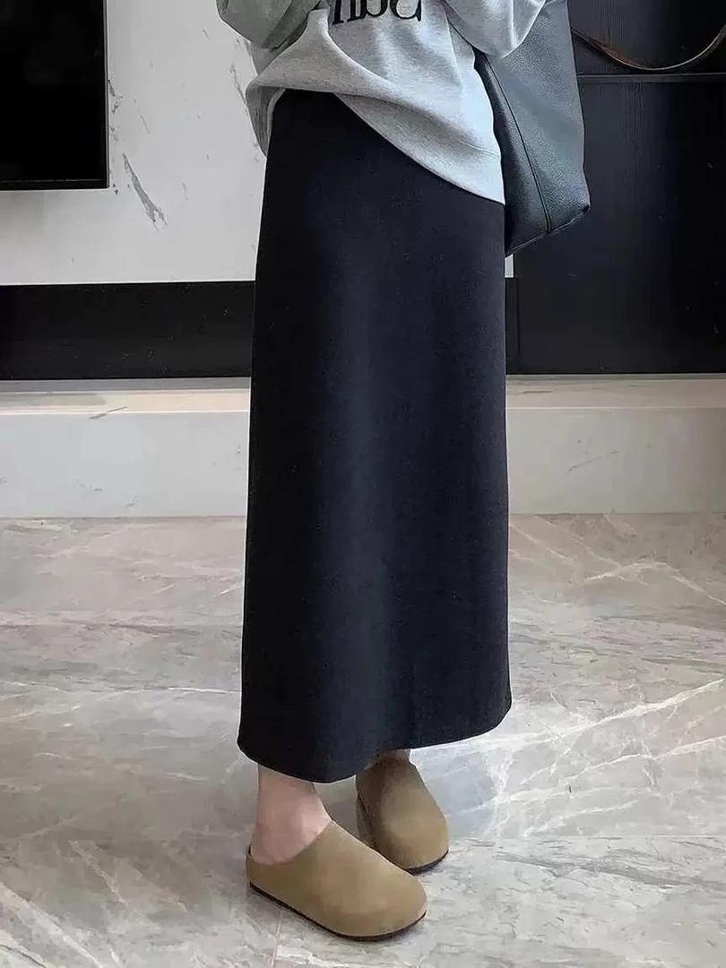 8095#高端欧货毛呢直筒半身裙松紧腰后开叉显瘦包臀长裙休闲百搭
