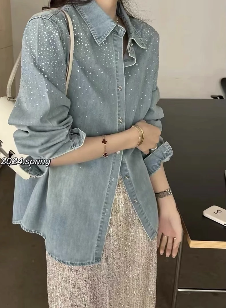 8567#欧货高品质重工烫钻闪闪设计感牛仔衬衫上衣女宽松衬衣