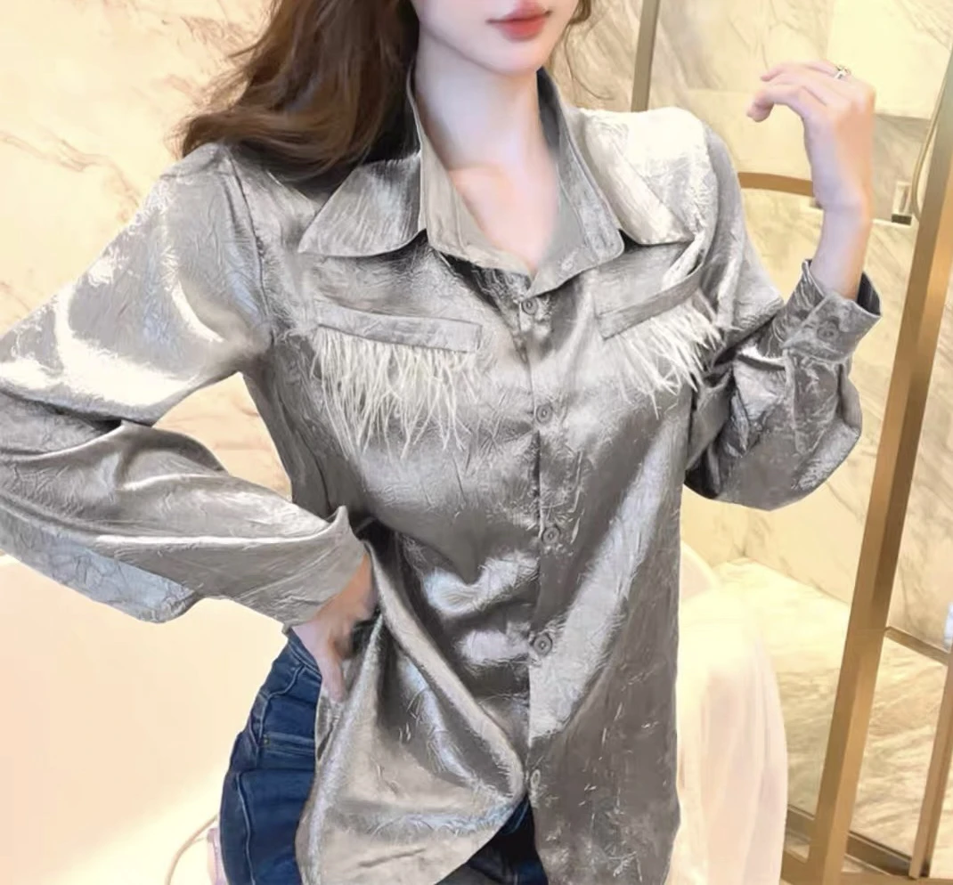 303#小洋气名媛高端上衣春秋装设计感气质小众流苏长袖缎面衬衫