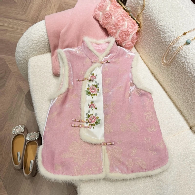 晨晨推荐《粉黛》冬季时尚百搭显瘦中国风桑蚕丝刺绣马夹3313