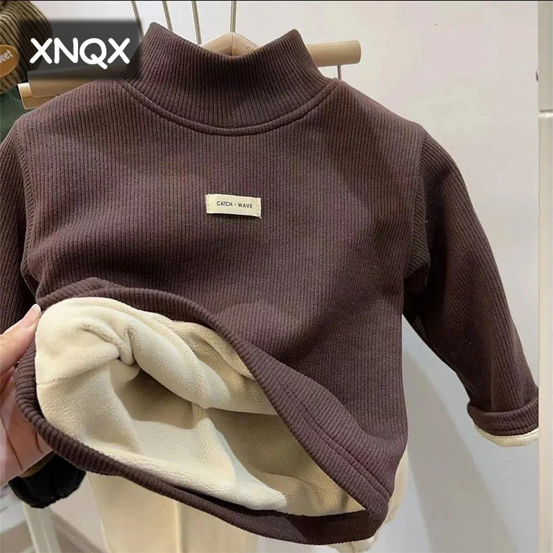 男女中小儿童装薄款内搭冬加绒超厚坑条打底衫T恤保暖半高领